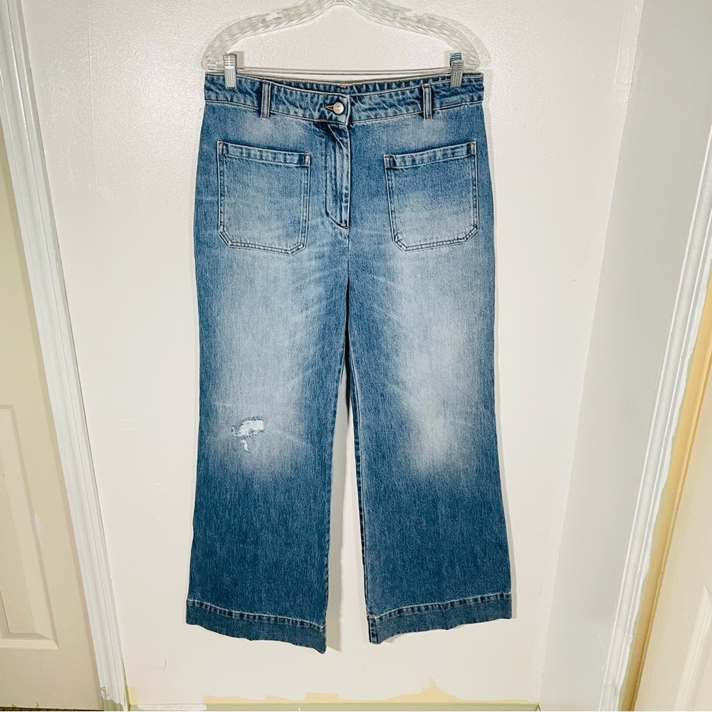 Victoria Beckham Alina High Waist Wide Leg Jeans Worn Blue Wash Distressed Denim - Picture 3 of 11